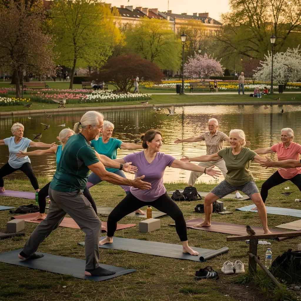 Instruktor jogi pokazujący prostą pozycję, a seniorzy uważnie go obserwują.