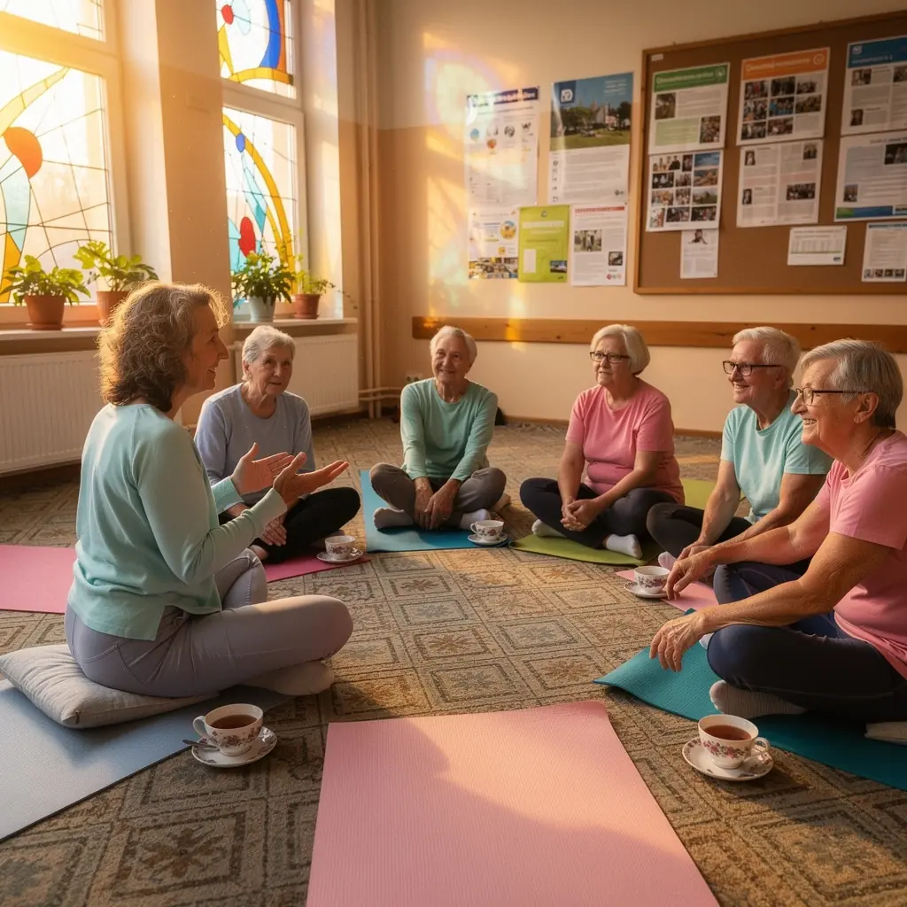 Grupa seniorów uczestniczących w zajęciach jogi na świeżym powietrzu, uśmiechających się do siebie.