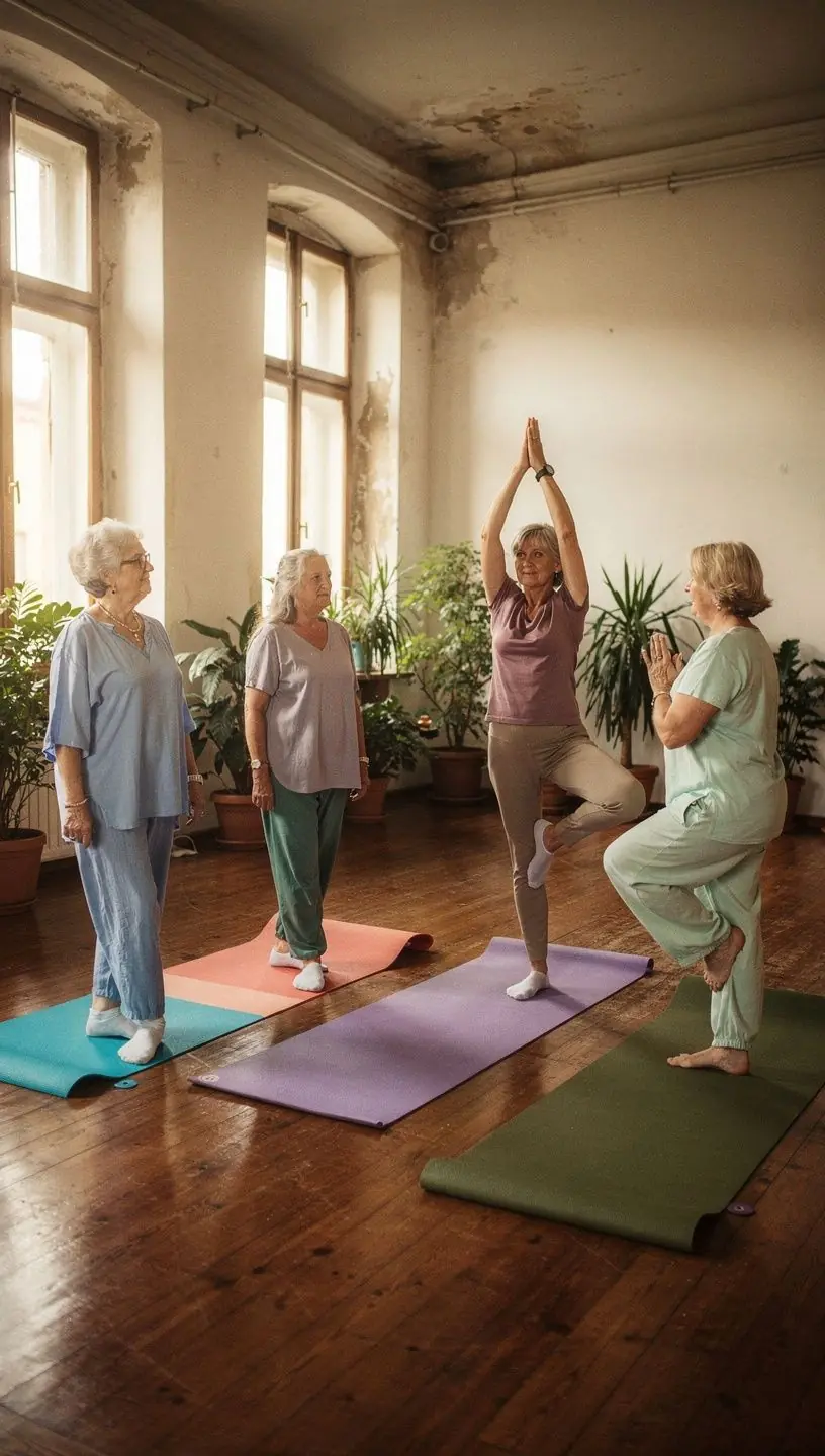 Starsza osoba wykonująca łagodną pozycję jogi na macie w parku.