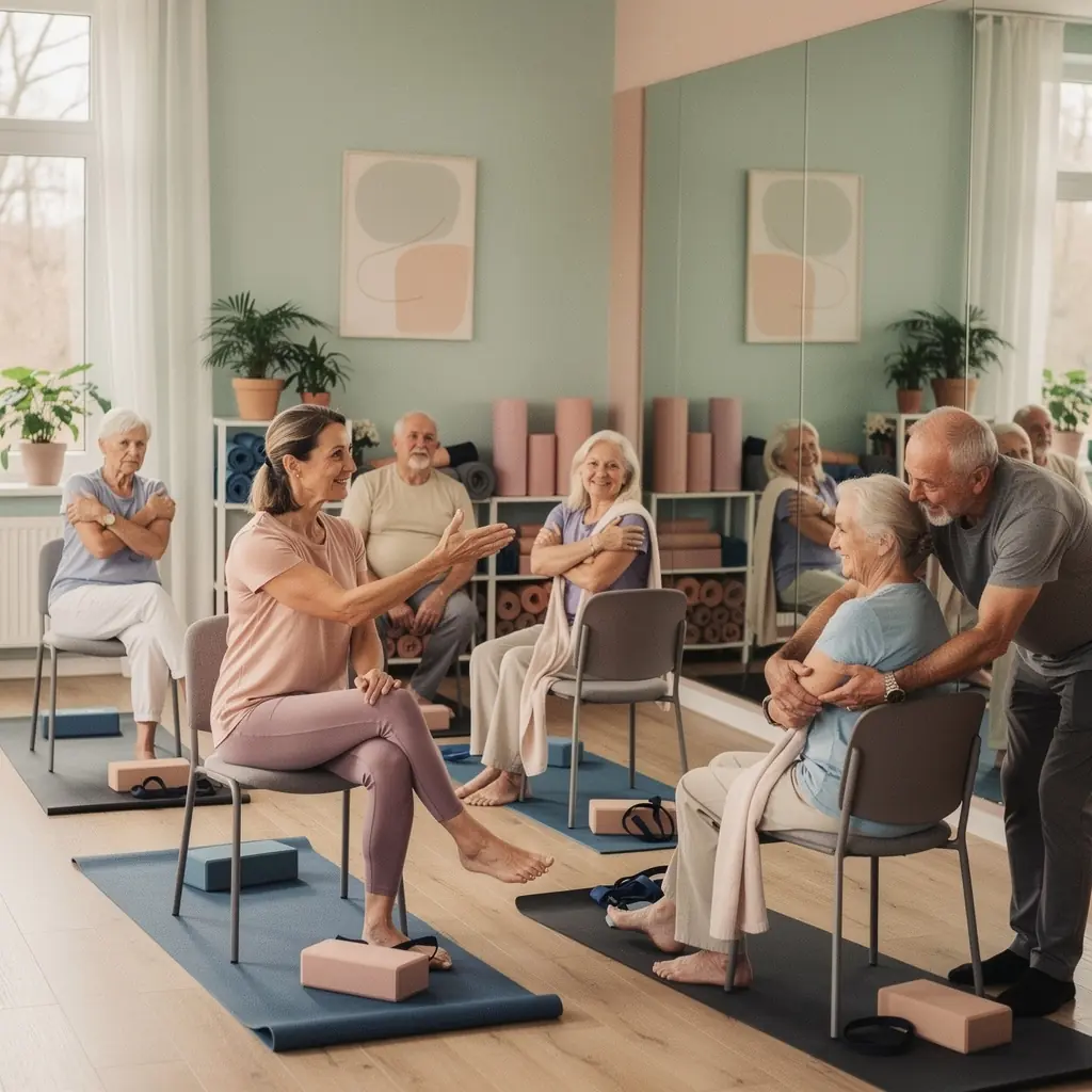 Starsza osoba korzystająca z podpór do jogi dla większej stabilności.