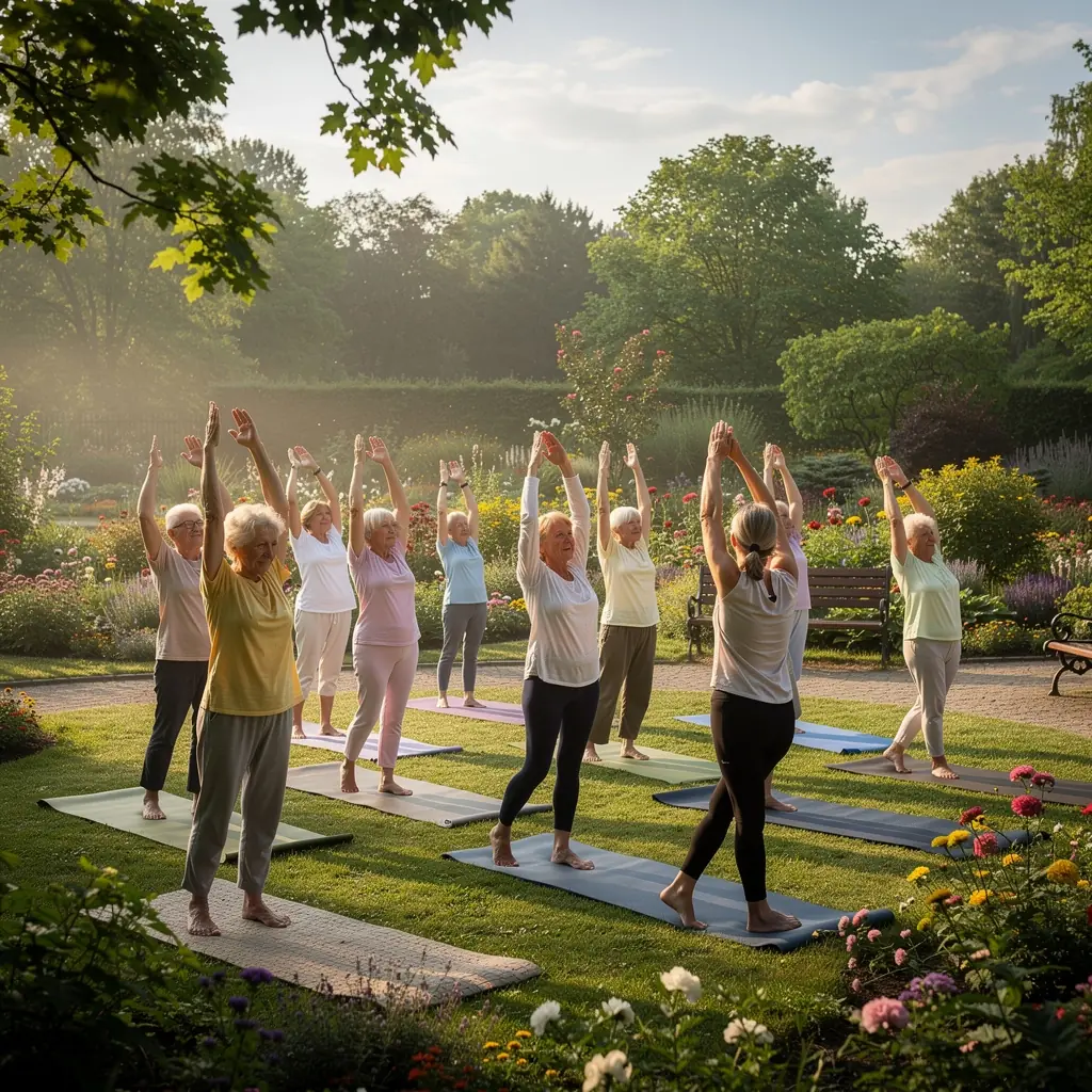 Zajęcia jogi dla seniorów w jasnym, przyjaznym otoczeniu.
