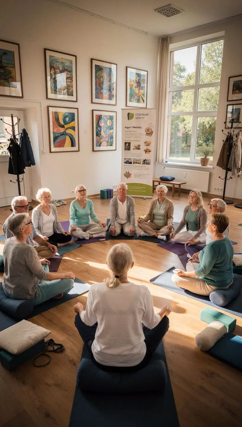 Starsza osoba korzystająca z podpór do jogi dla większej stabilności.