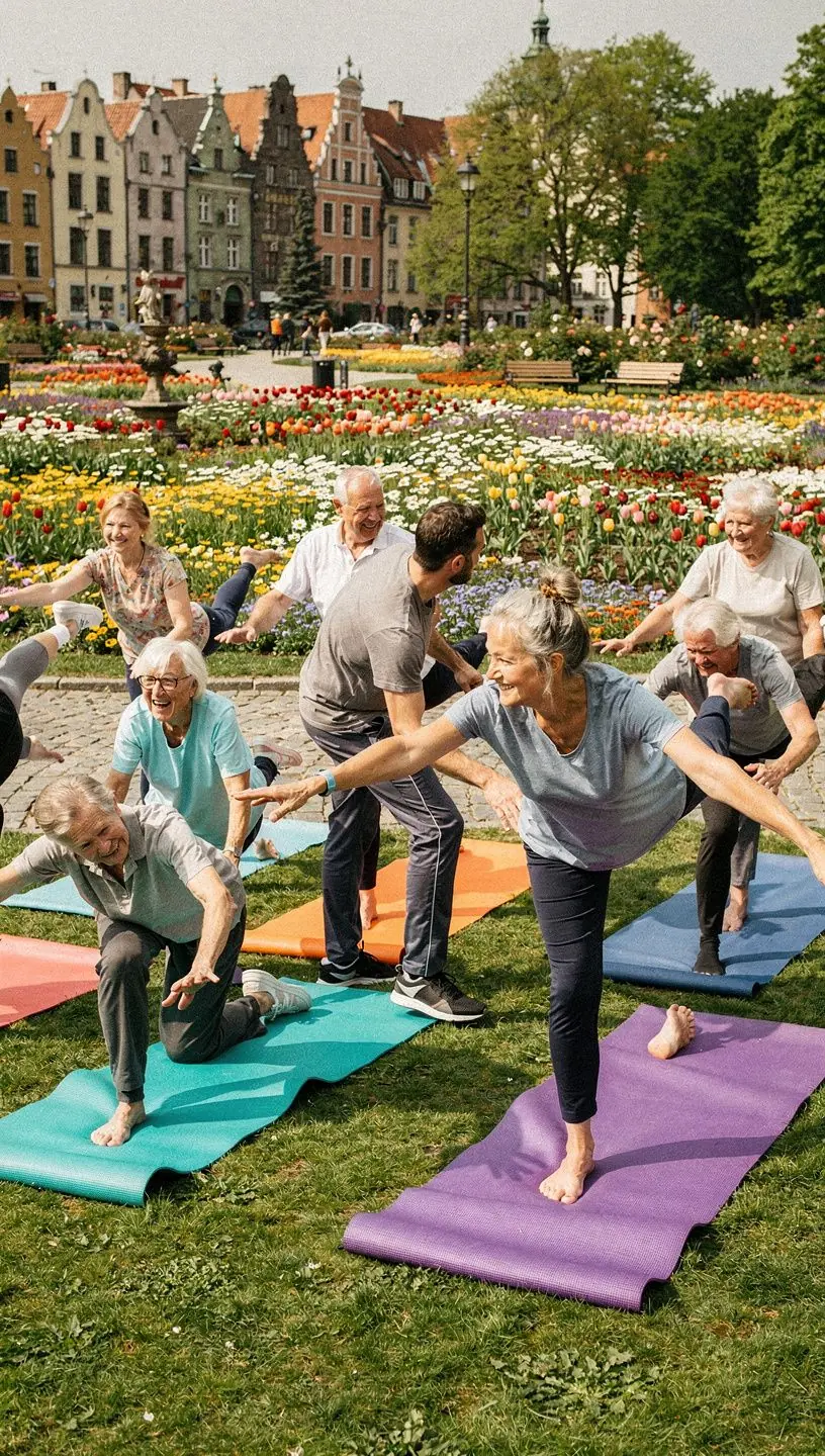 Starsza osoba korzystająca z podpór do jogi dla większej stabilności.
