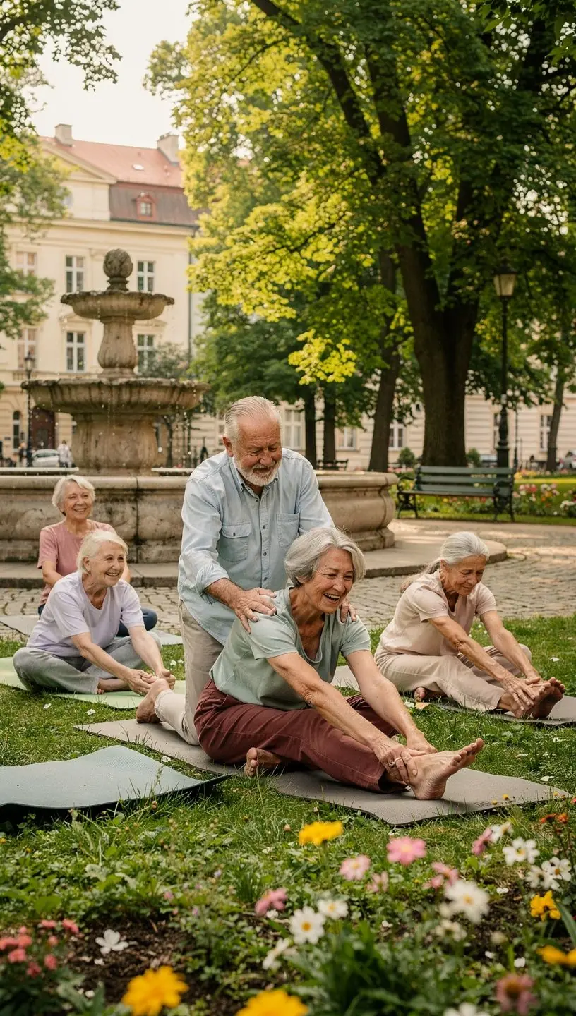 Starsza osoba wykonująca ćwiczenia jogi na macie w parku.