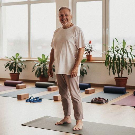 Grupa seniorów uczestniczących w zajęciach jogi na świeżym powietrzu.