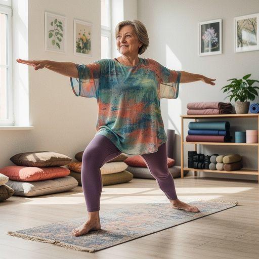 Osoba starsza medytująca w wygodnej pozycji siedzącej.